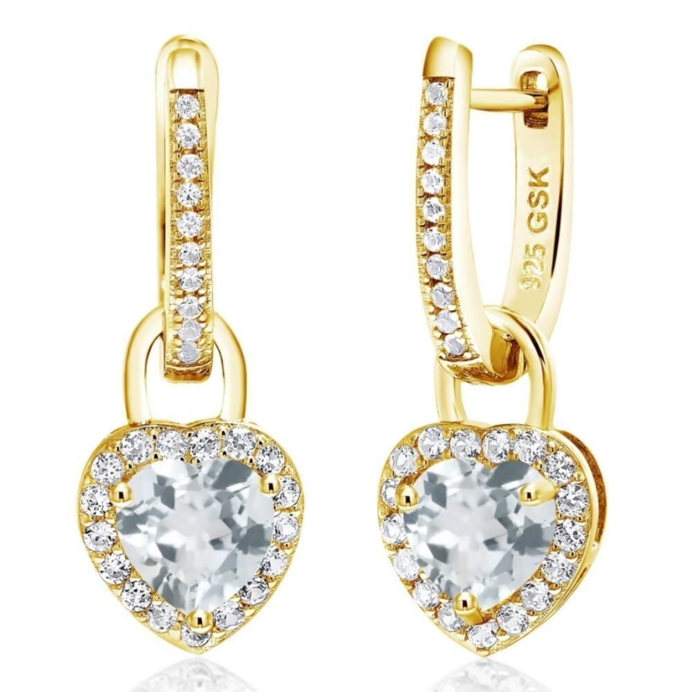 18K Yellow Gold 925 with 1.96 Cttw Aquamarine and White Sapphire Heart Earrings